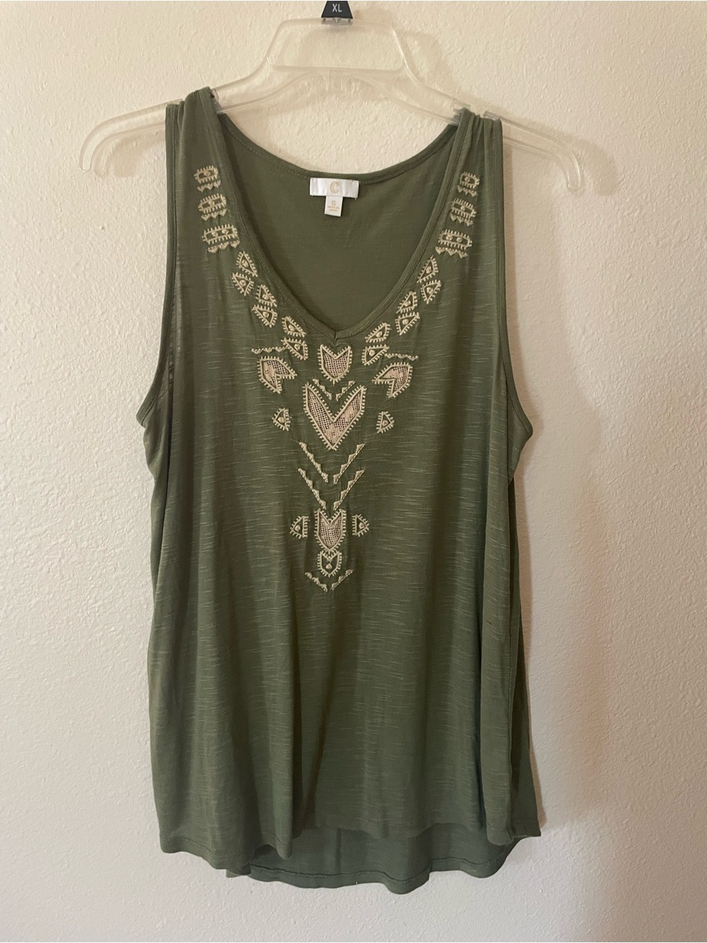 Charming Charlie Olive Green Embroidered V-Neck Tank